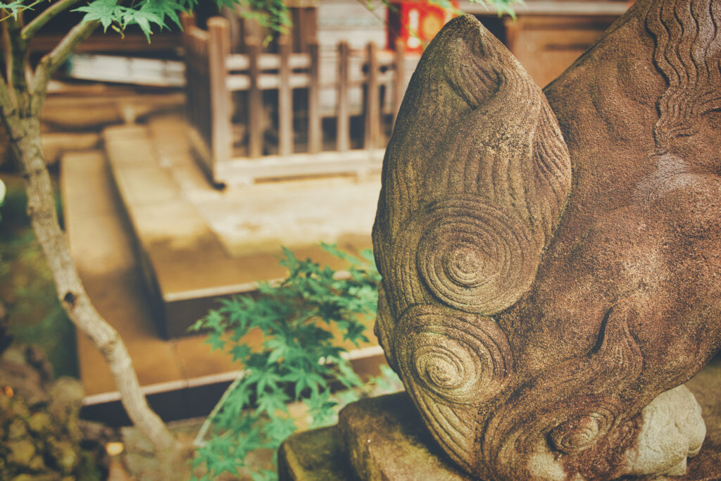 文京区にある白山神社の社殿と金色の目をした狛犬の尻尾
